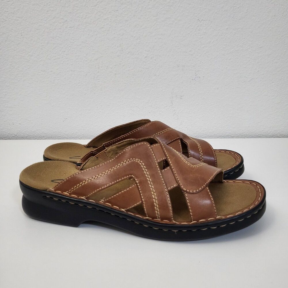 CLARKS Joanna Slides Sandals Women 8 Brown Leather Slip-Ons Comfort Shoes Summer